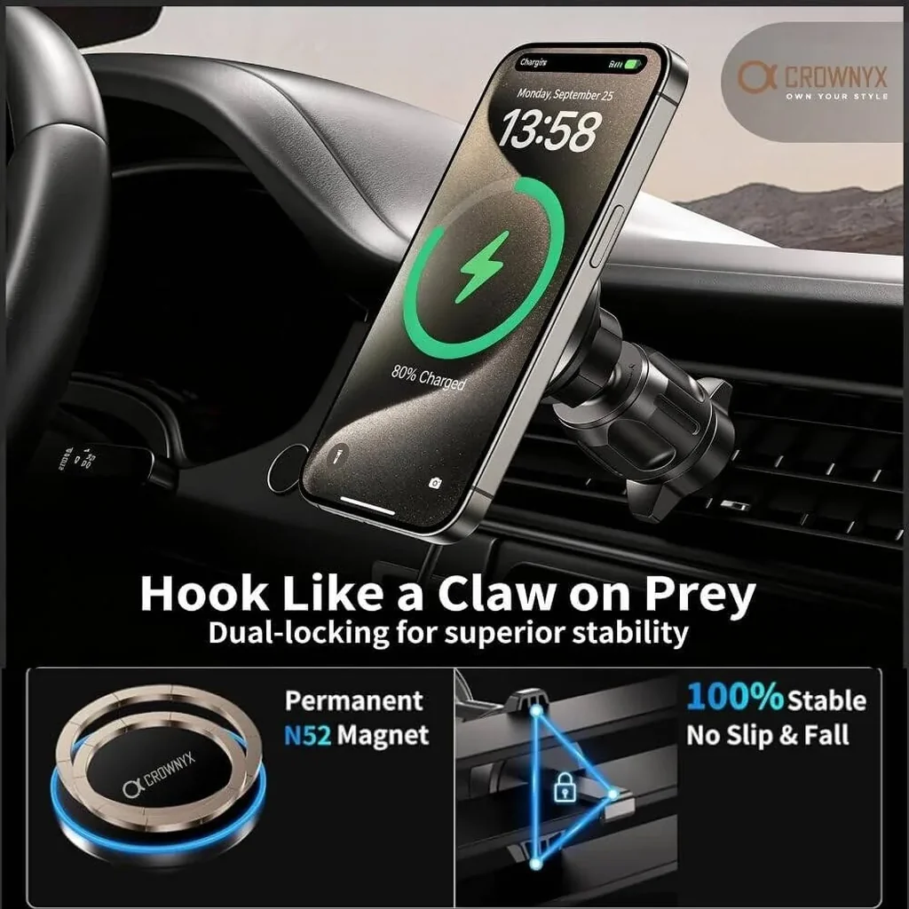 CROWNYX 15W Wireless Car Charger, MagSafe & Android 360° Mount, Black | CAC-200 - Image 3