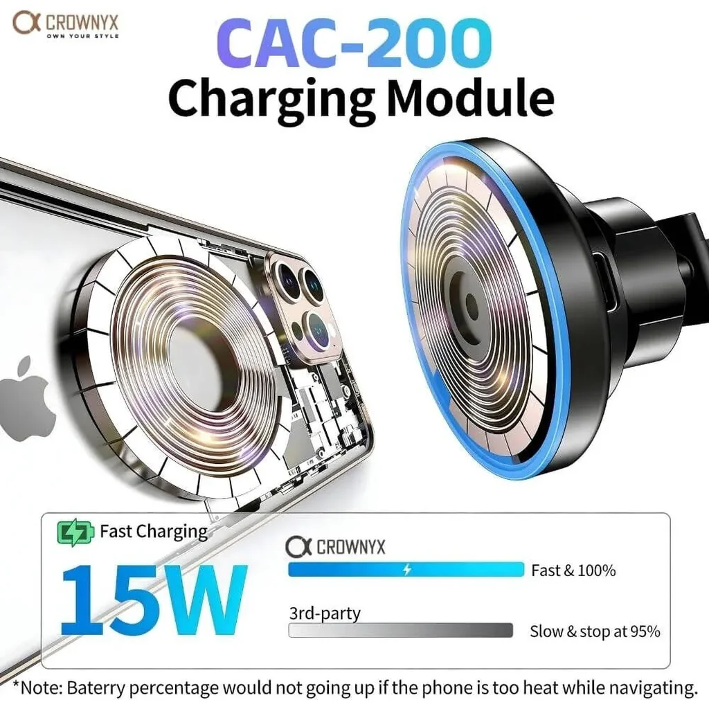 CROWNYX 15W Wireless Car Charger, MagSafe & Android 360° Mount, Black | CAC-200 - Image 4