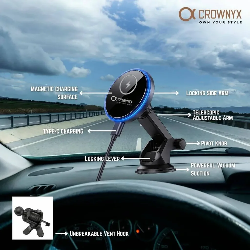 CROWNYX 15W Wireless Car Charger, MagSafe & Android 360° Mount, Black | CAC-200 - Image 6