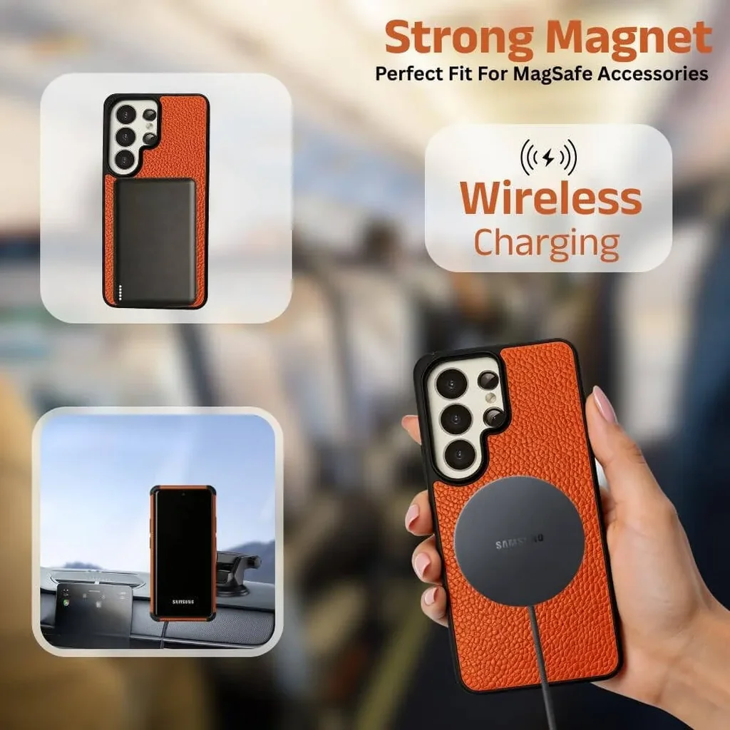 CROWNYX Leather Case for Samsung Galaxy S26 Ultra, MagSafe, Shockproof, Orange | SAMS26UL-MGSF-RGL-ORG - Image 3