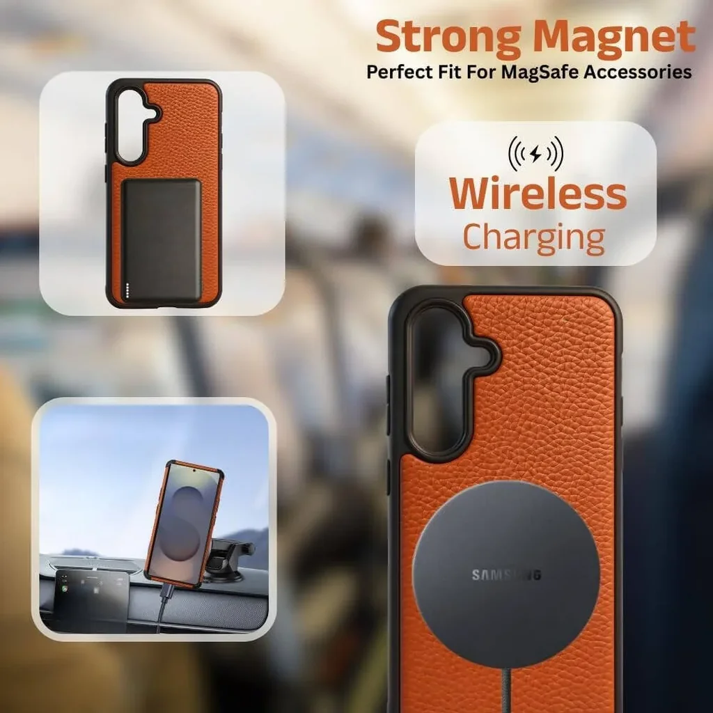CROWNYX Regal Leather MagSafe Case for Samsung Galaxy S26, Shockproof, Orange | SAMS26-MGSF-RGL-ORG - Image 3