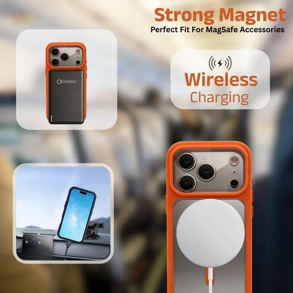 CROWNYX Fusion Clear Silicone Case for iPhone 17 Pro, MagSafe, Shockproof, Orange | IP17P-MGSF-FC-ORG - Image 5