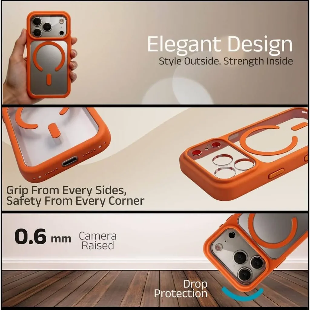 CROWNYX Fusion Clear Silicone Case for iPhone 17 Pro, MagSafe, Shockproof, Orange | IP17P-MGSF-FC-ORG - Image 6
