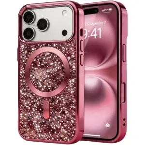 CROWNYX GlamAura Glitter Case for iPhone 17 Pro Max, MagSafe, Shockproof, Pink | IP17PM-MGSF-GA-PNK