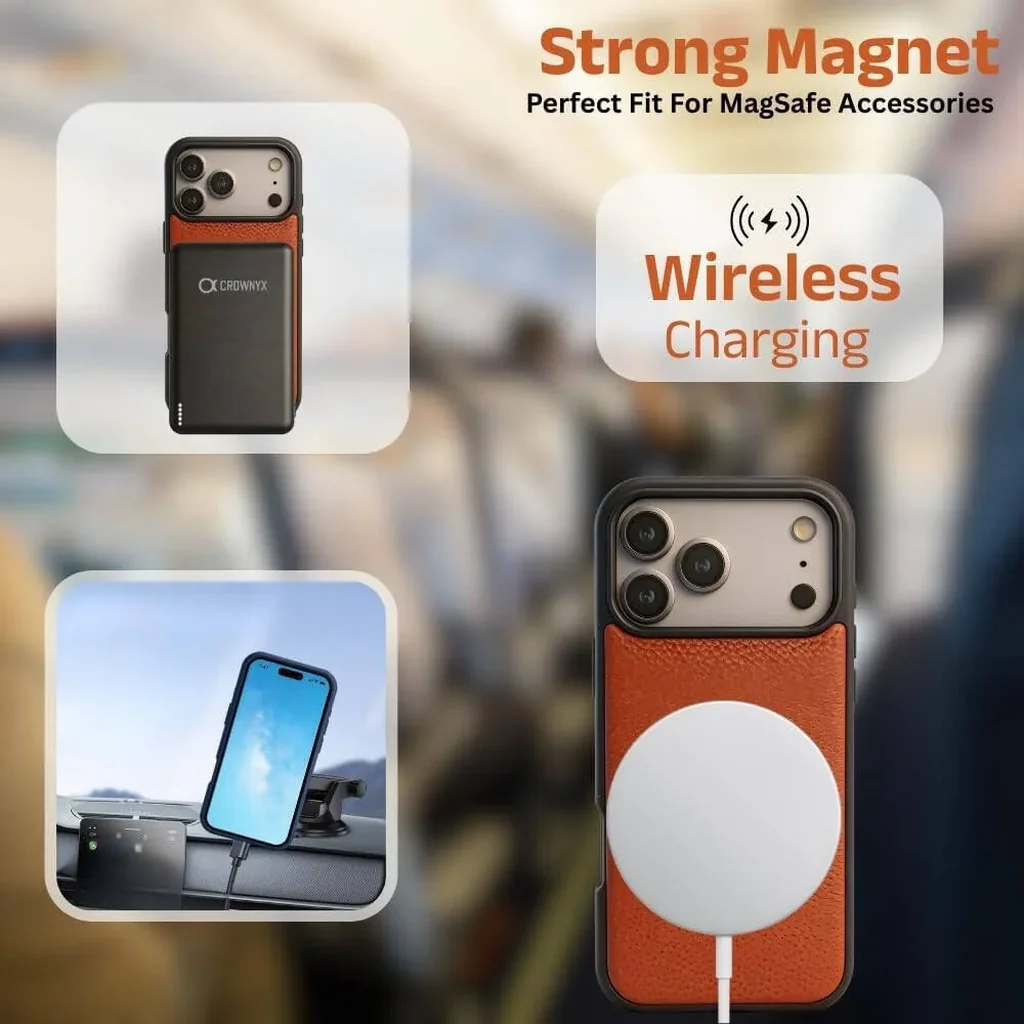 CROWNYX Regal Leather iPhone 17 Pro Max Case, MagSafe, Slim, Shockproof, Anti-Slip, Camera Protection, Orange | IP17PM-MGSF-RGL-ORG - Image 2
