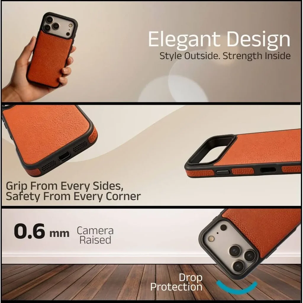 CROWNYX Regal Leather iPhone 17 Pro Max Case, MagSafe, Slim, Shockproof, Anti-Slip, Camera Protection, Orange | IP17PM-MGSF-RGL-ORG - Image 4
