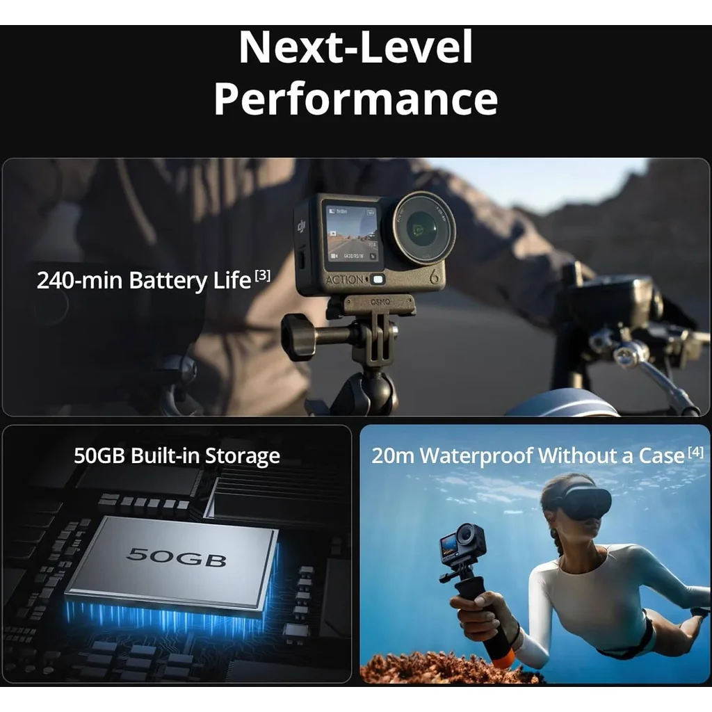 DJI Osmo Action 6 Essential Comb, 8K Action Camera, 1/1.1" Sensor, f/2.0-f/4.0 Aperture, 4H Battery, Cold-Resistant, Black | Osmo Action 6 Essential Combo - Image 8