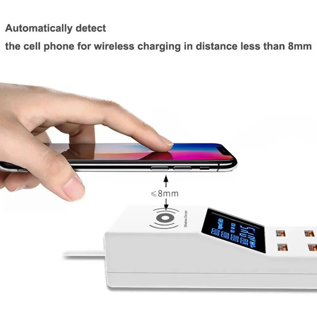 CRONY 8x USB Ports With Wireless Charger Socket, QC3.0 Fast Charging, Wireless Charger, Universal Travel Power Adapter, with LED Display, White | YC-CDA6A - Image 3
