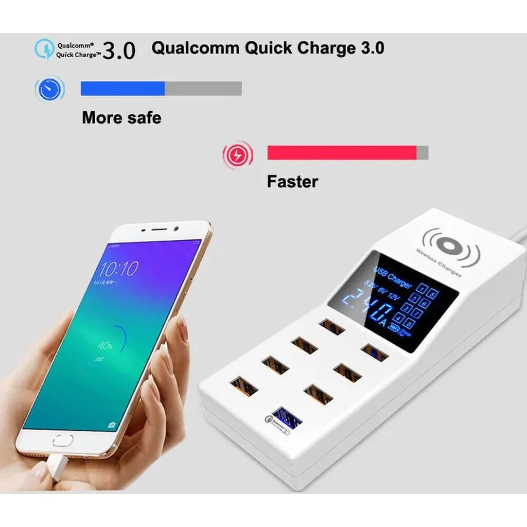 CRONY 8x USB Ports With Wireless Charger Socket, QC3.0 Fast Charging, Wireless Charger, Universal Travel Power Adapter, with LED Display, White | YC-CDA6A - Image 4