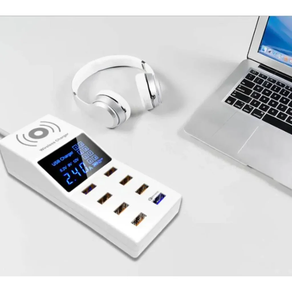 CRONY 8x USB Ports With Wireless Charger Socket, QC3.0 Fast Charging, Wireless Charger, Universal Travel Power Adapter, with LED Display, White | YC-CDA6A - Image 5