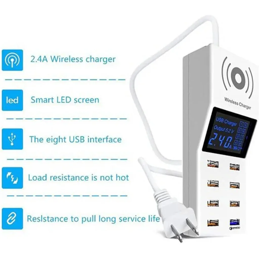 CRONY 8x USB Ports With Wireless Charger Socket, QC3.0 Fast Charging, Wireless Charger, Universal Travel Power Adapter, with LED Display, White | YC-CDA6A - Image 6