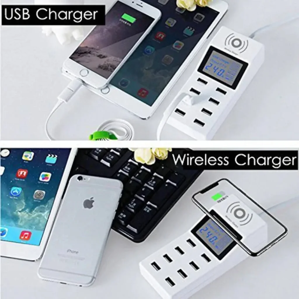 CRONY 8x USB Ports With Wireless Charger Socket, QC3.0 Fast Charging, Wireless Charger, Universal Travel Power Adapter, with LED Display, White | YC-CDA6A - Image 7