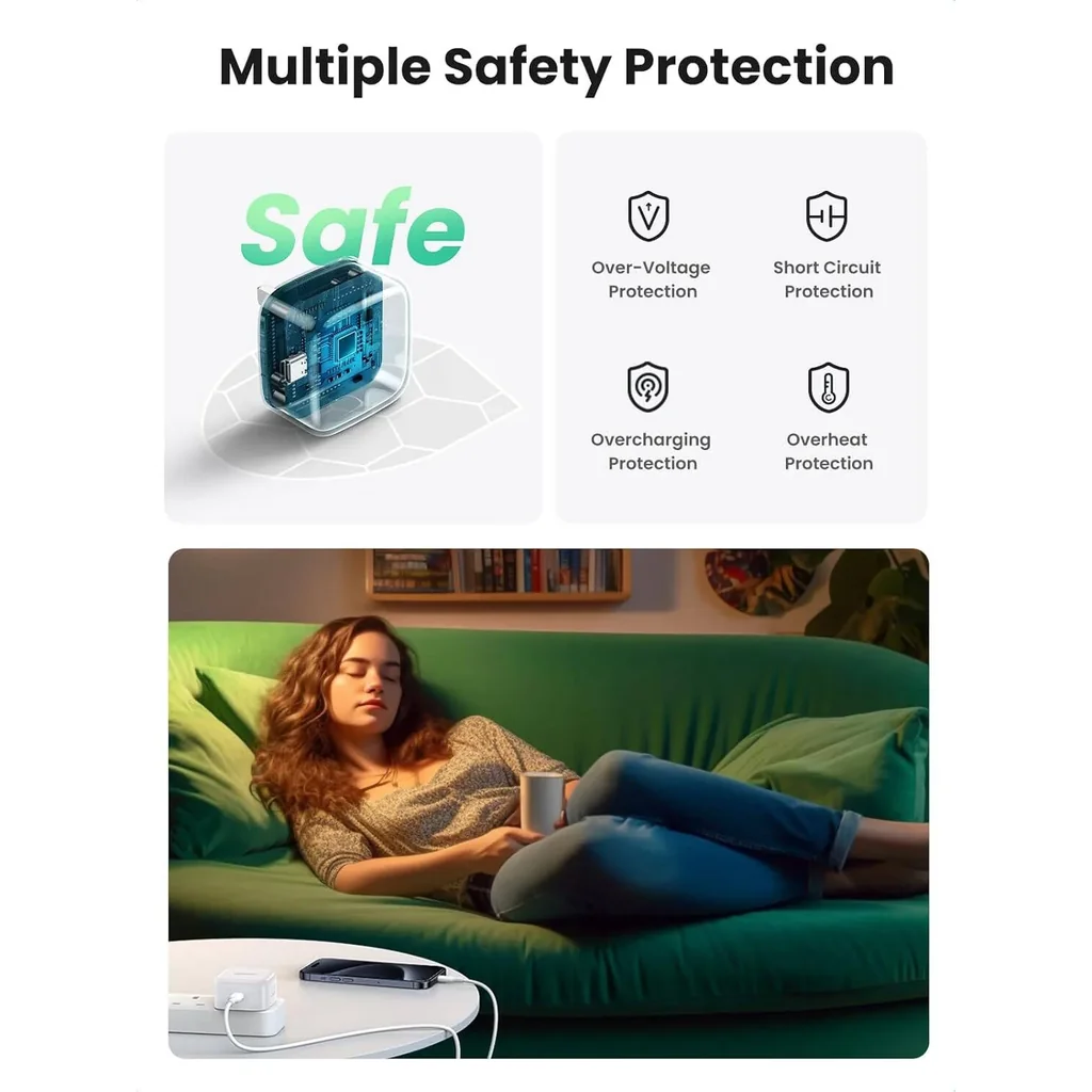 UGREEN USB-C Power Adapter with Cable Set for iPhone 16, 20W Power Output, PD 3.0 Technology, Built-In Multi Protections, USB-C to USB-C 1M Cable, Wide Compatibility, White | 45438 - Image 5
