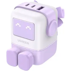 UGREEN Uno 65W GaN Fast Charger, 2x USB C & USB A Port Charging Adapter, PD3.0 QC Fast Charge, LED Display Robot Design, Compact Travel Charger, Purple | 35292