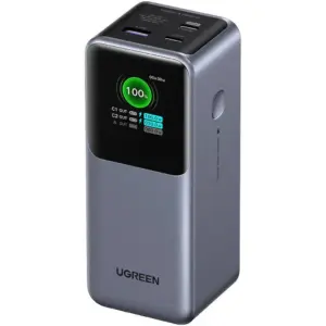UGREEN Nexode Power Bank, 100W Super Fast Charging, 20000 mAh Capacity, 130W Dual Output, 3 Port USB C, TFT Display, Travel Ready, Black | 35524B