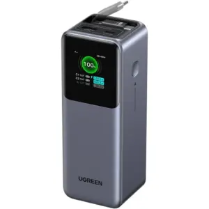 UGREEN Nexode Power Bank with Retractable USB-C Cable, 100W Fast Recharging, 20000 mAh Capacity, 165W Dual Output, 3 Port USB C, TFT Display, Travel Ready, Black | 55987B