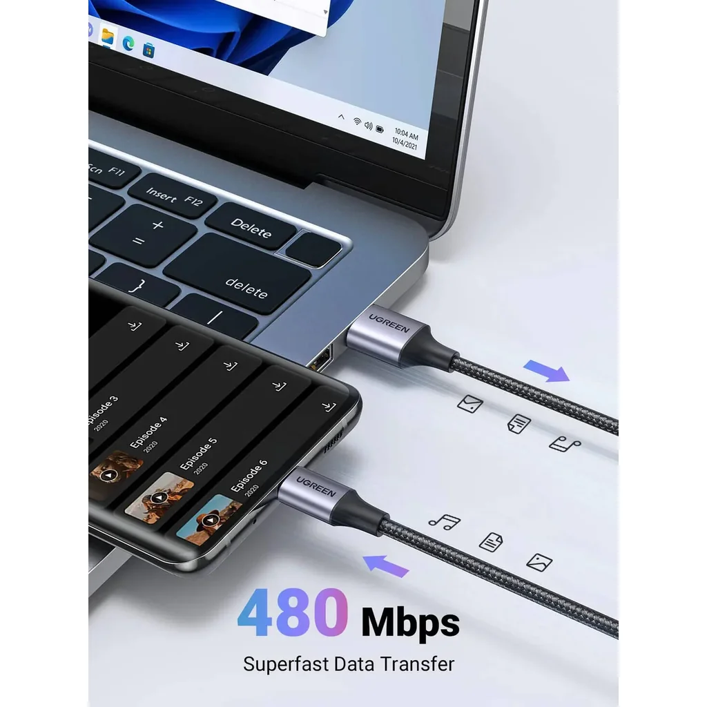 UGREEN USB A to USB Type C Cable, 480Mbps Data Transfer Rate, Qualcomm 3.0 Quick Charge, 18W Power, 2m Cable Length, Wide Compatibility, Gray/Black | 60128 - Image 5