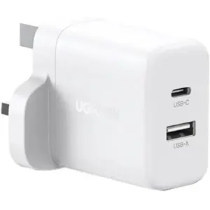 UGREEN Dual Port Wall Charger, 20W USB-C PD Fast Charger, USB-A & USB-C Dual Port Travel Adapter, Smart Safety Protection, UK Plug, White | 45315