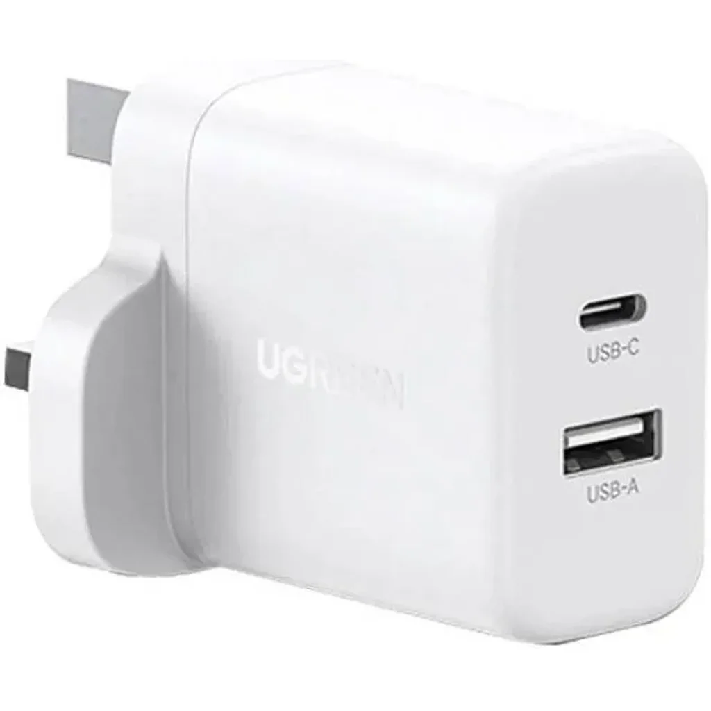 UGREEN Dual Port Wall Charger, 20W USB-C PD Fast Charger, USB-A & USB-C Dual Port Travel Adapter, Smart Safety Protection, UK Plug, White | 45315