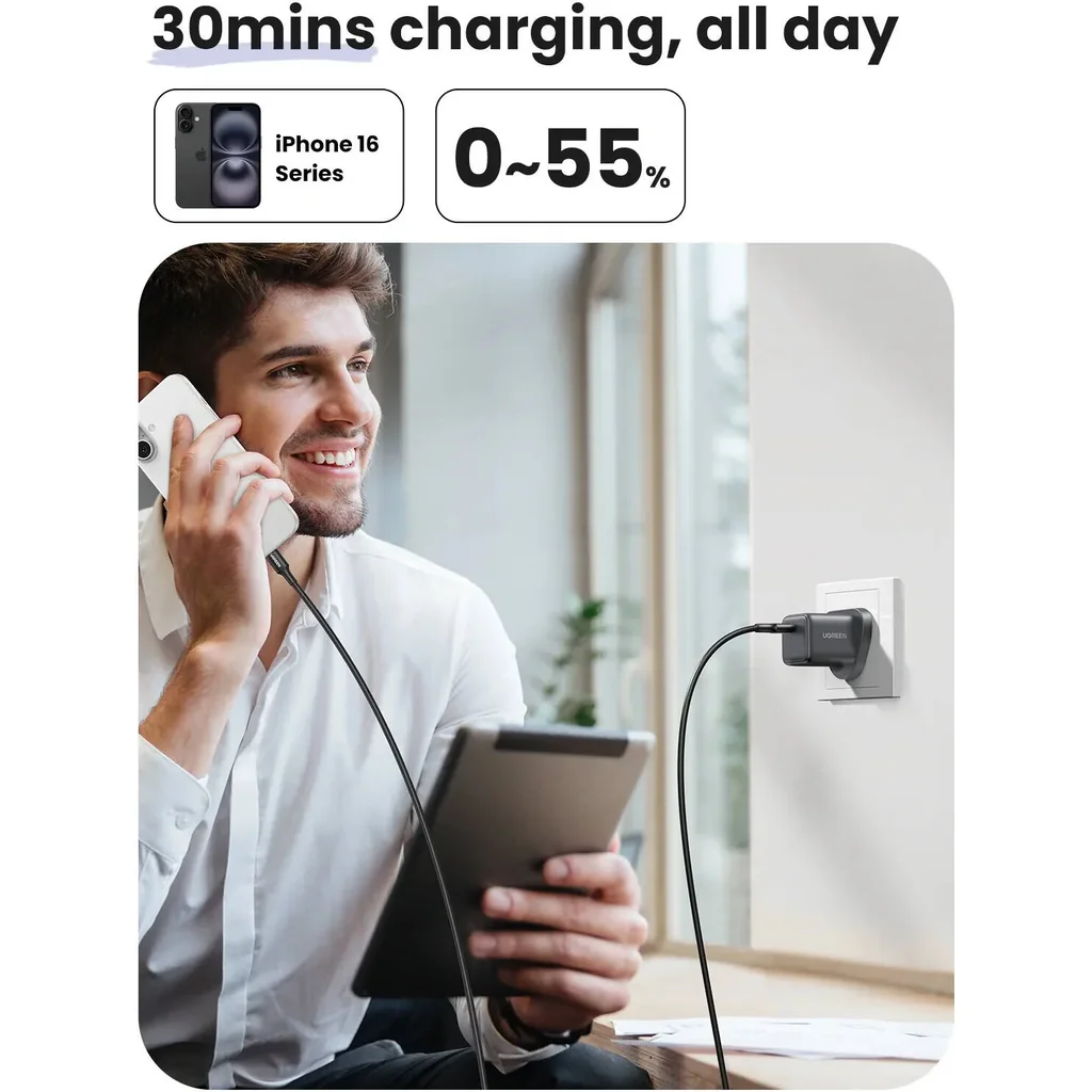 UGREEN 30W USB-C GaN Wall Charger, PD 3.0 & QC 4.0+ Fast Charging, Compact Travel Adapter, Universal Compatibility, Safe & Stable Charging Protection, UK Plug, Gray | 55532 - Image 3