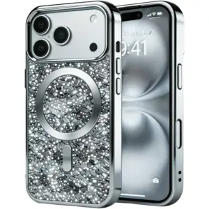CROWNYX GlamAura Glitter Case for iPhone 17 Pro, MagSafe, Shockproof, Silver | IP17P-MGSF-GA-SIL