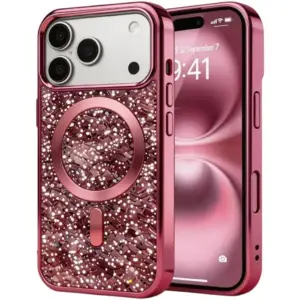 CROWNYX GlamAura Glitter Case for iPhone 17 Pro, MagSafe, Shockproof, Pink | IP17P-MGSF-GA-PNK