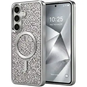 CROWNYX GlamAura Glitter Case for Samsung S25 Plus, Magsafe Compatible, Bling Sparkle Shockproof Phone, Bumper Cover, Silver | SAMS25PL-MGSF-GA-SIL