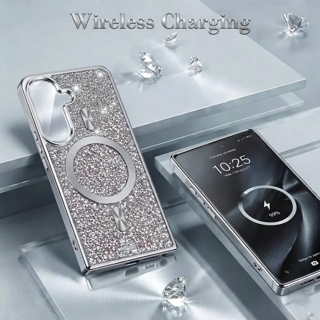 CROWNYX GlamAura Glitter Case for Samsung S25 Plus, Magsafe Compatible, Bling Sparkle Shockproof Phone, Bumper Cover, Silver | SAMS25PL-MGSF-GA-SIL - Image 3