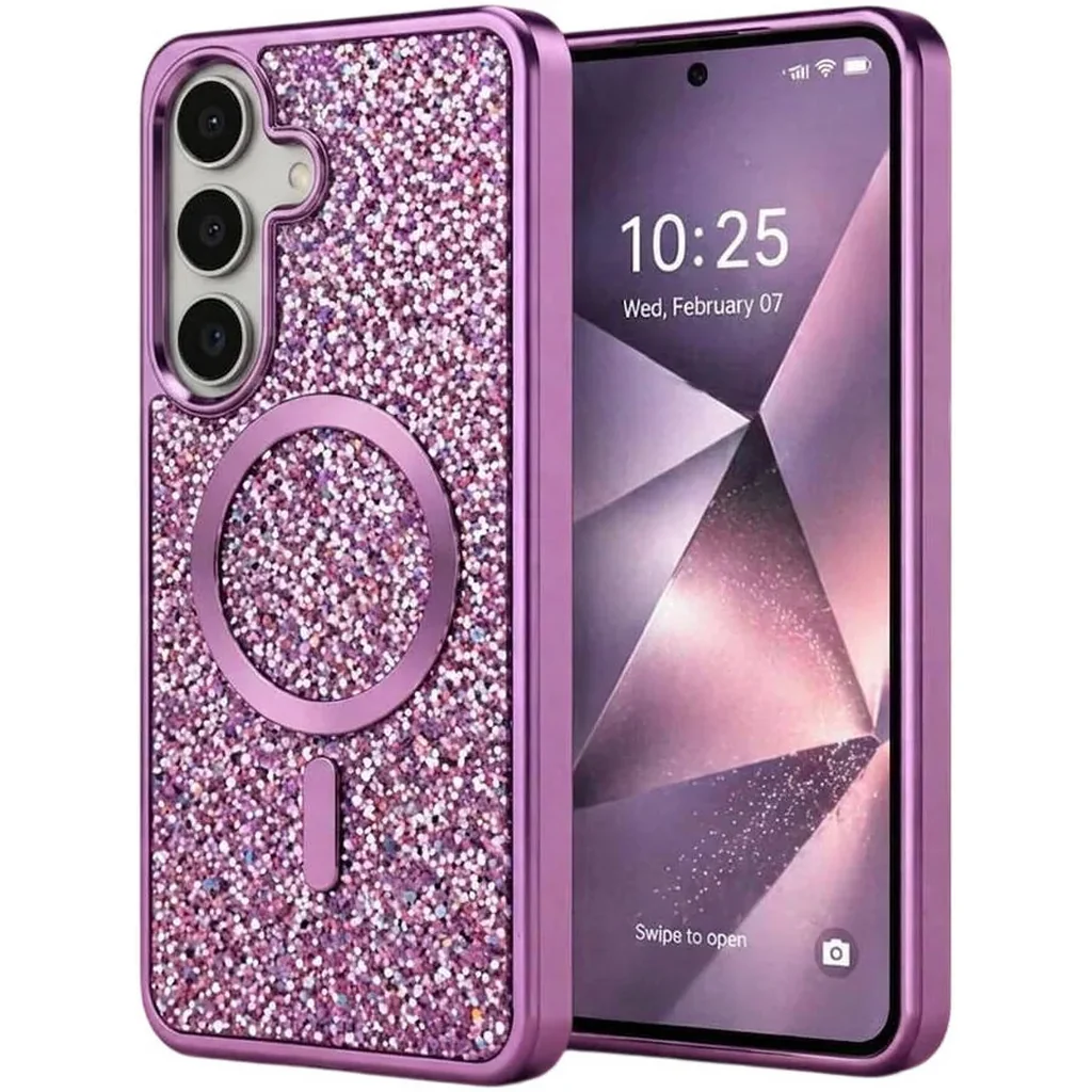 CROWNYX GlamAura Glitter Case for Samsung S25 Plus, Magsafe Compatible, Bling Sparkle Shockproof Phone, Bumper Cover, Pink | SAMS25PL-MGSF-GA-PNK