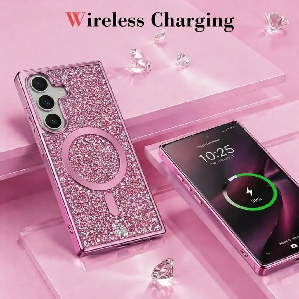 CROWNYX GlamAura Glitter Case for Samsung S25 Plus, Magsafe Compatible, Bling Sparkle Shockproof Phone, Bumper Cover, Pink | SAMS25PL-MGSF-GA-PNK - Image 5