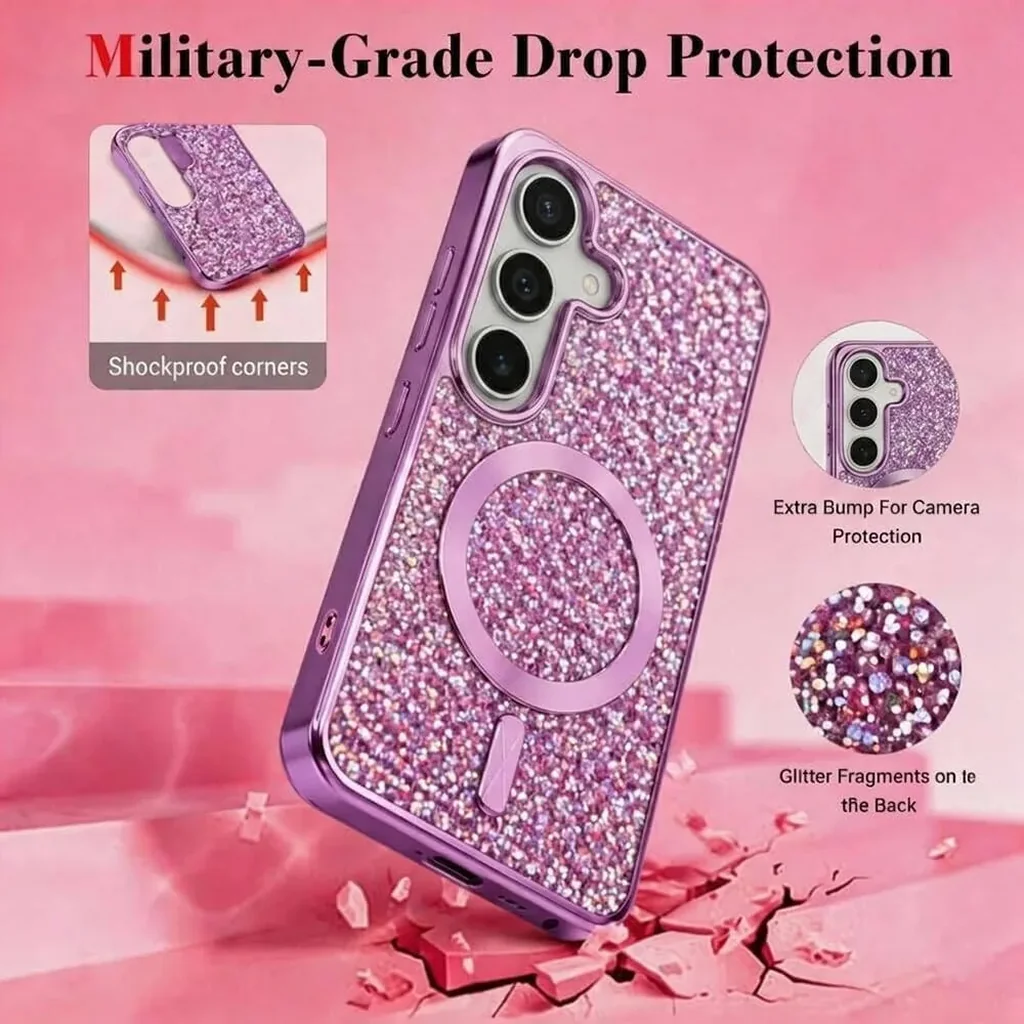 CROWNYX GlamAura Glitter Case for Samsung S25 Plus, Magsafe Compatible, Bling Sparkle Shockproof Phone, Bumper Cover, Pink | SAMS25PL-MGSF-GA-PNK - Image 6