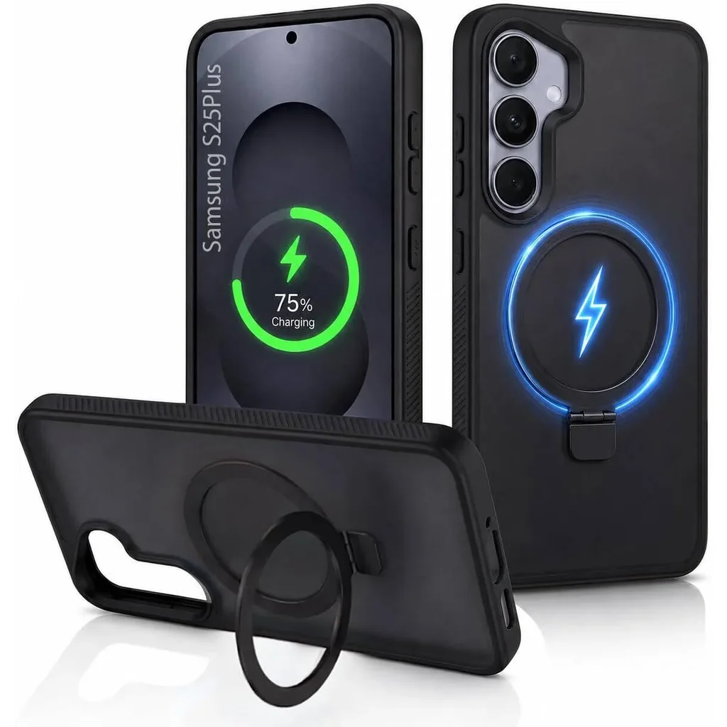 CROWNYX Aegis GripStand Pro Case for Samsung Galaxy S25 Plus, Compatible with MagSafe, Shockproof Slim Hybrid TPU Cover with Kickstand & Grip Ring, Black | SAMS25PL-MGSF-AGSP-BLK