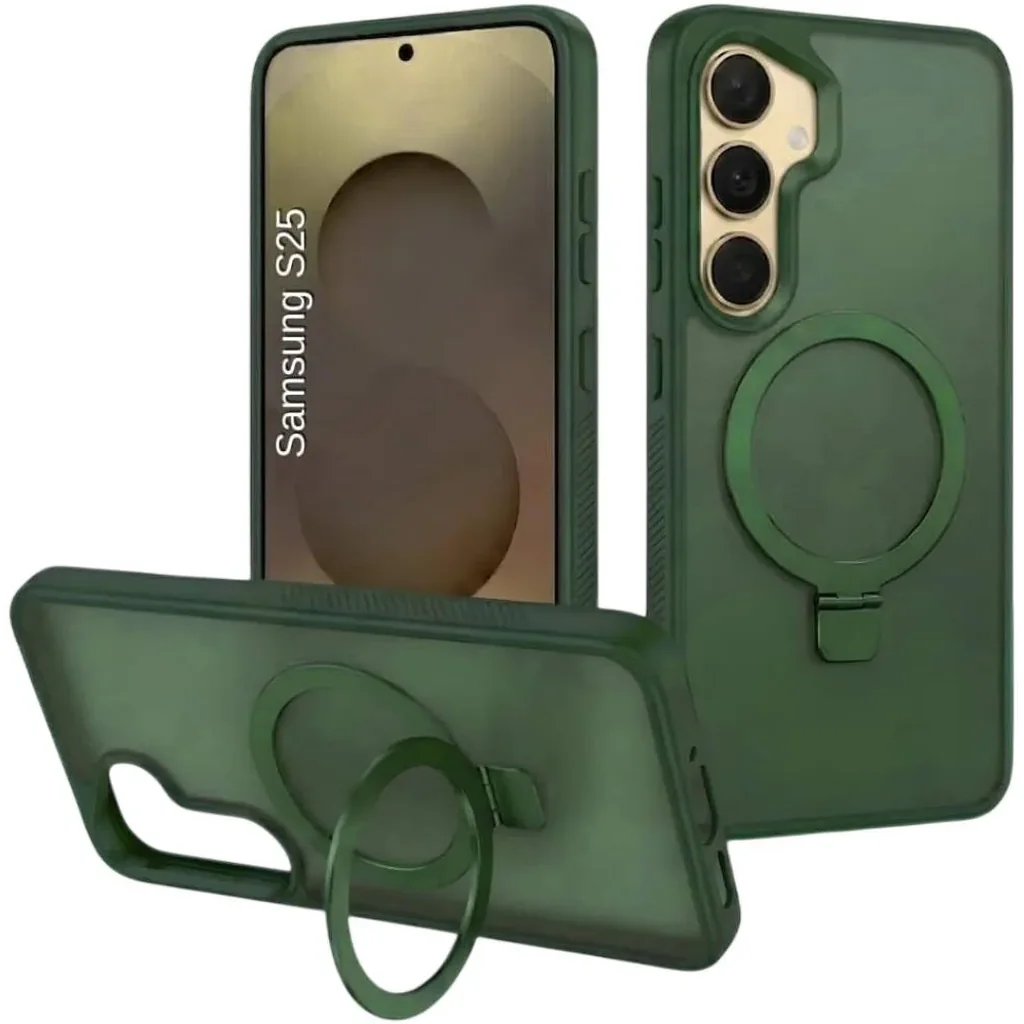 CROWNYX Aegis GripStand Pro Case for Samsung Galaxy S25, Compatible with MagSafe, Shockproof Slim Hybrid TPU Cover with Kickstand & Grip Ring, Green | SAMS25-MGSF-AGSP-GRN