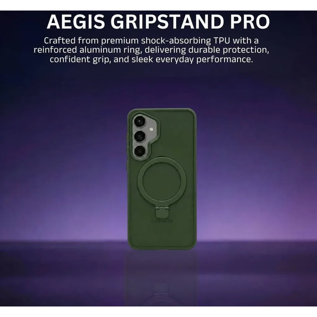 CROWNYX Aegis GripStand Pro Case for Samsung Galaxy S25, Compatible with MagSafe, Shockproof Slim Hybrid TPU Cover with Kickstand & Grip Ring, Green | SAMS25-MGSF-AGSP-GRN - Image 3