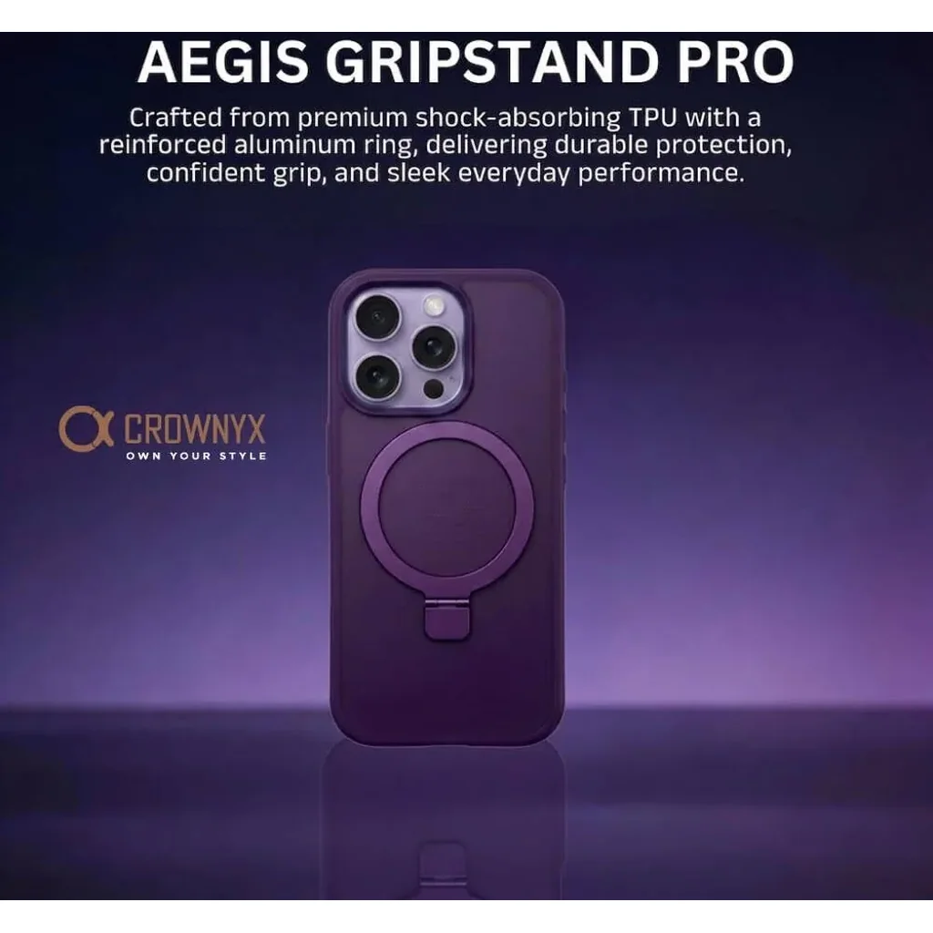 CROWNYX Aegis GripStand Pro Case for iPhone 16 Pro Max, Compatible with MagSafe, Shockproof, Slim Hybrid TPU Cover with Kickstand & Grip Ring, Purple | IP16PM-MGSF-AGSP-PUR - Image 3