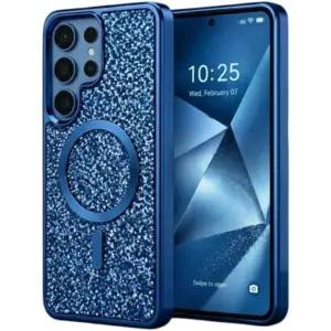CROWNYX GlamAura Glitter Case for Samsung S25 Ultra, Magsafe Compatible, Bling Sparkle Shockproof Phone, Bumper Cover, Blue | SAMS25UL-MGSF-GA-BLU