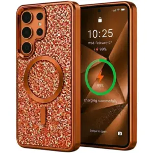 CROWNYX GlamAura Glitter Case for Samsung S25 Ultra, Magsafe Compatible, Bling Sparkle Shockproof Phone, Bumper Cover, Orange | SAMS25UL-MGSF-GA-ORG