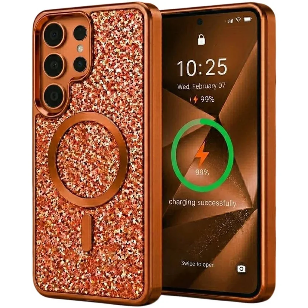 CROWNYX GlamAura Glitter Case for Samsung S25 Ultra, Magsafe Compatible, Bling Sparkle Shockproof Phone, Bumper Cover, Orange | SAMS25UL-MGSF-GA-ORG