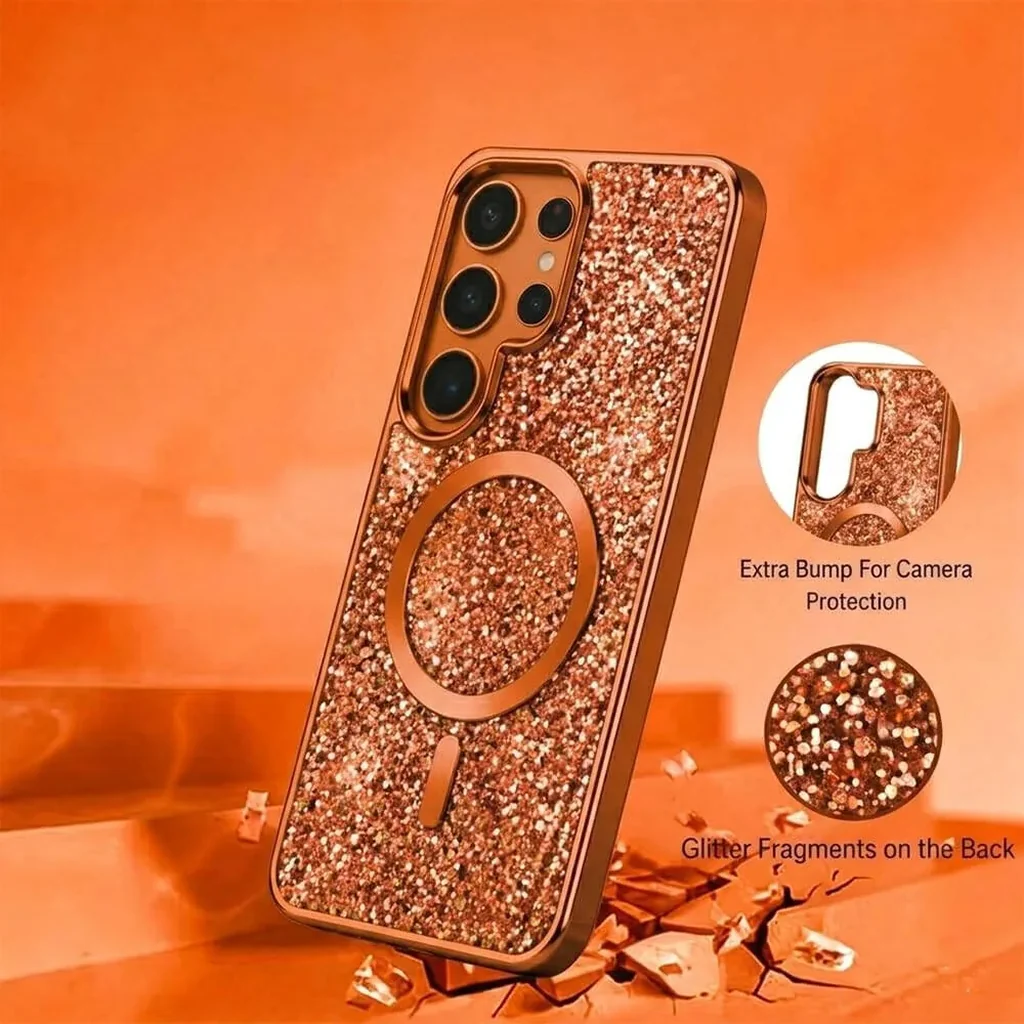 CROWNYX GlamAura Glitter Case for Samsung S25 Ultra, Magsafe Compatible, Bling Sparkle Shockproof Phone, Bumper Cover, Orange | SAMS25UL-MGSF-GA-ORG - Image 4