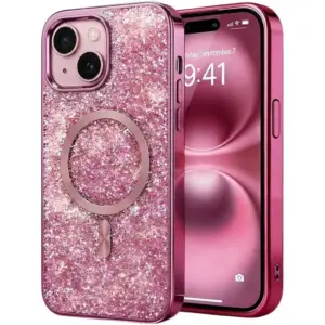 CROWNYX GlamAura Glitter Case for Iphone 14 Plus or 15 Plus, Magsafe Compatible, Bling Sparkle Shockproof Phone, Bumper Cover, Pink | IP14PL15PL-MGSF-GA-PNK