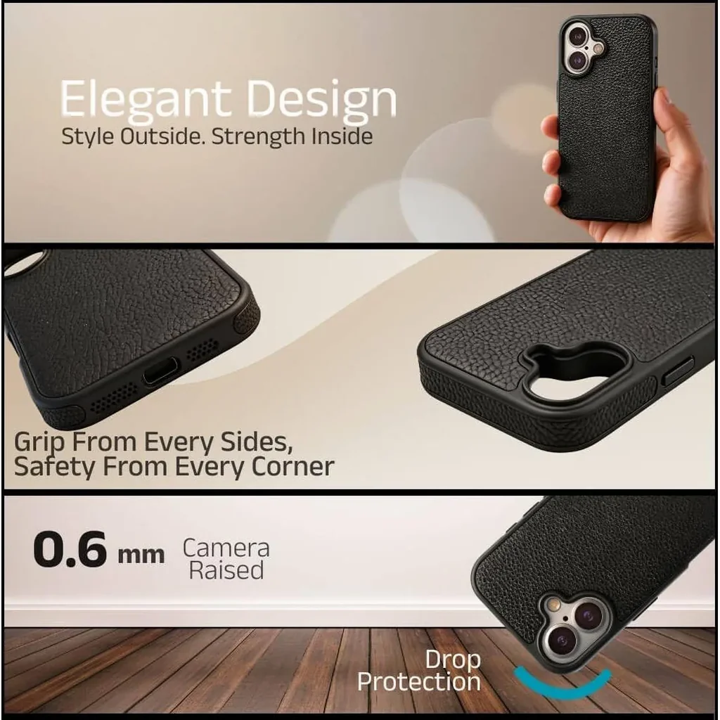 CROWNYX Regal Leather Case for Iphone 16, MagSafe Compatible, Anti-Slip Grip, Shockproof, Raised Camera Protection, Black | IP16-MGSF-RGL-BLK - Image 3