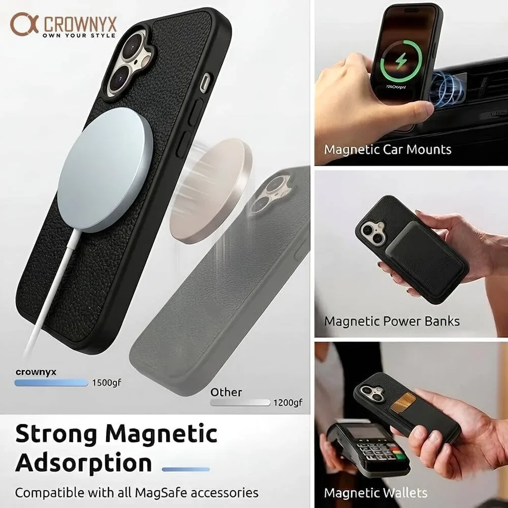 CROWNYX Regal Leather Case for Iphone 16, MagSafe Compatible, Anti-Slip Grip, Shockproof, Raised Camera Protection, Black | IP16-MGSF-RGL-BLK - Image 4