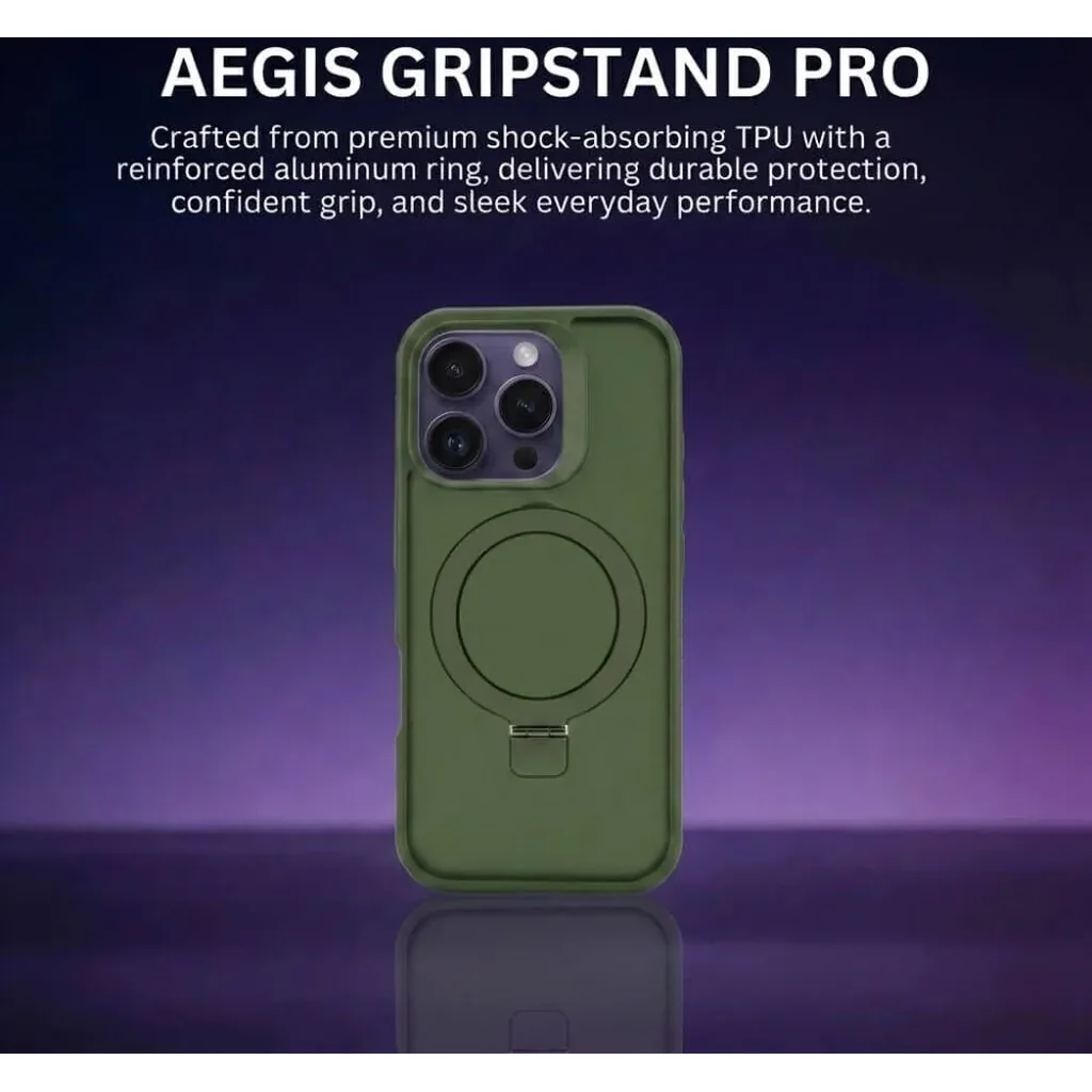 CROWNYX Aegis GripStand Pro Case for iPhone 14 Pro, Compatible with MagSafe, Shockproof, Slim Hybrid TPU Cover with Kickstand & Grip Ring, Green | IP14P-MGSF-AGSP-GRN - Image 4