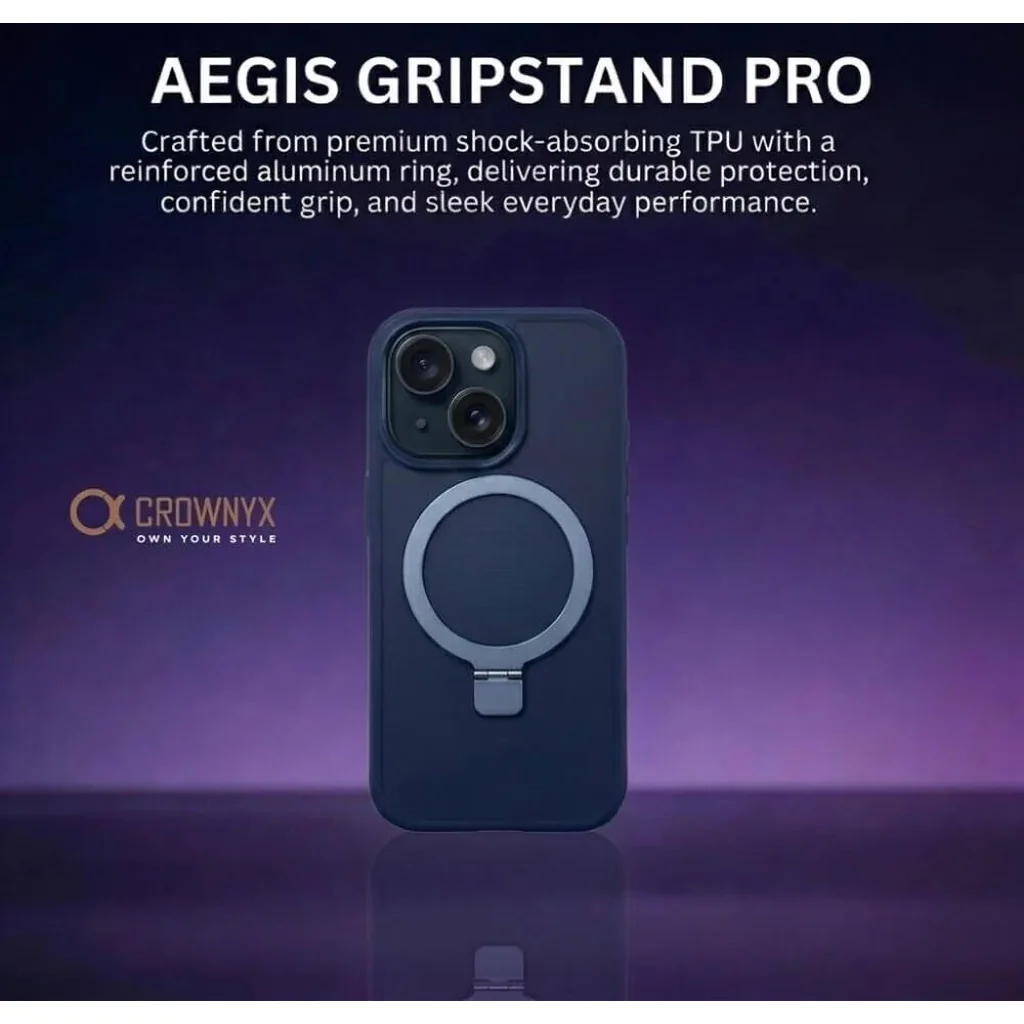 CROWNYX Aegis GripStand Pro Case for iPhone 15, Compatible with MagSafe, Shockproof, Slim Hybrid TPU Cover with Kickstand & Grip Ring, Blue | IP15-MGSF-AGSP-BLU - Image 2