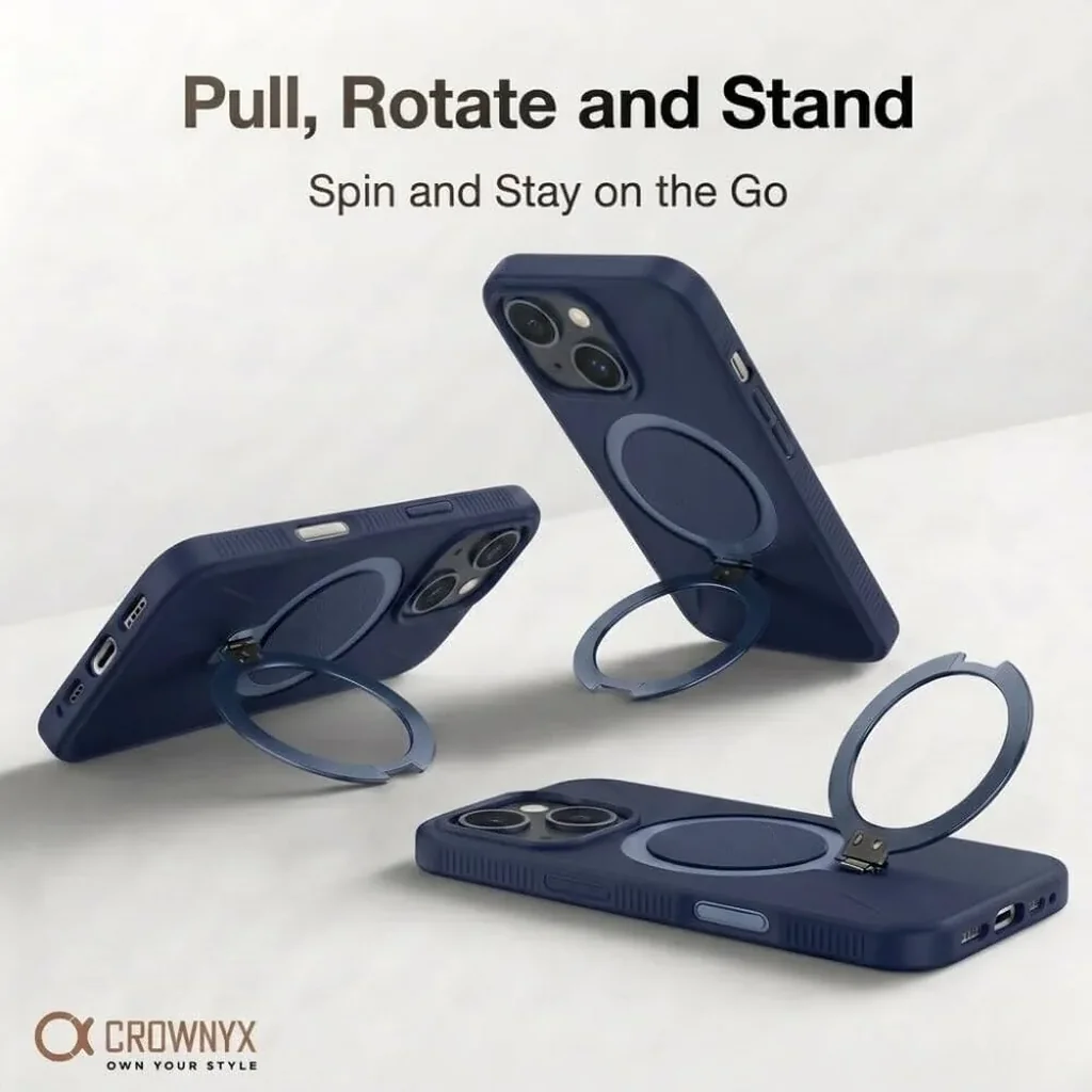 CROWNYX Aegis GripStand Pro Case for iPhone 15, Compatible with MagSafe, Shockproof, Slim Hybrid TPU Cover with Kickstand & Grip Ring, Blue | IP15-MGSF-AGSP-BLU - Image 3