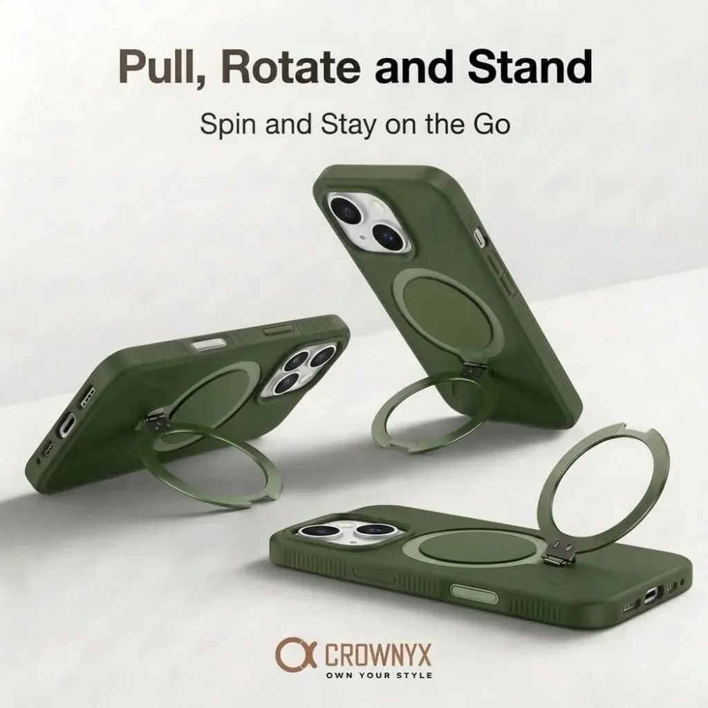 CROWNYX Aegis GripStand Pro Case for iPhone 15, Compatible with MagSafe, Shockproof, Slim Hybrid TPU Cover with Kickstand & Grip Ring, Green | IP15-MGSF-AGSP-GRN - Image 2