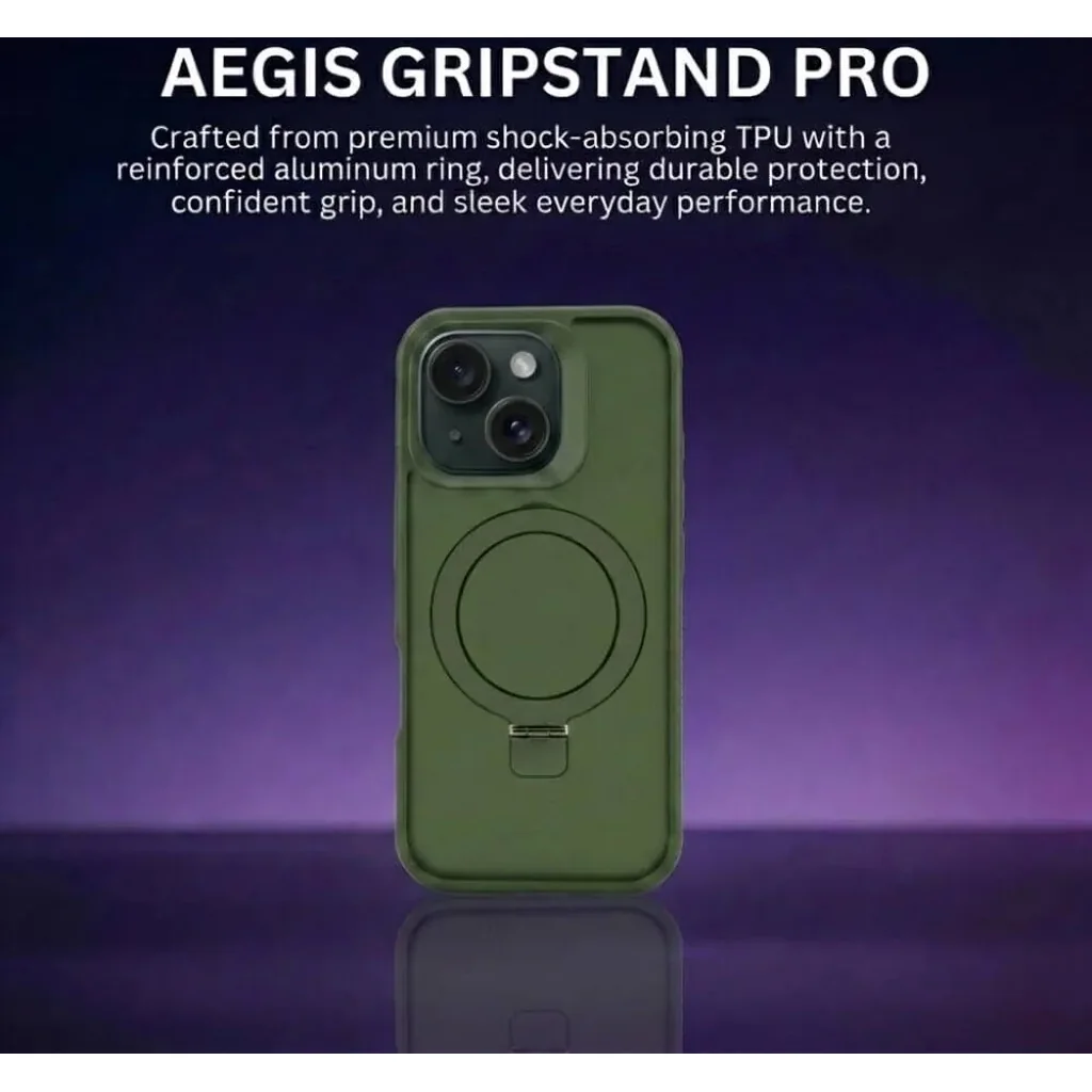 CROWNYX Aegis GripStand Pro Case for iPhone 15, Compatible with MagSafe, Shockproof, Slim Hybrid TPU Cover with Kickstand & Grip Ring, Green | IP15-MGSF-AGSP-GRN - Image 3
