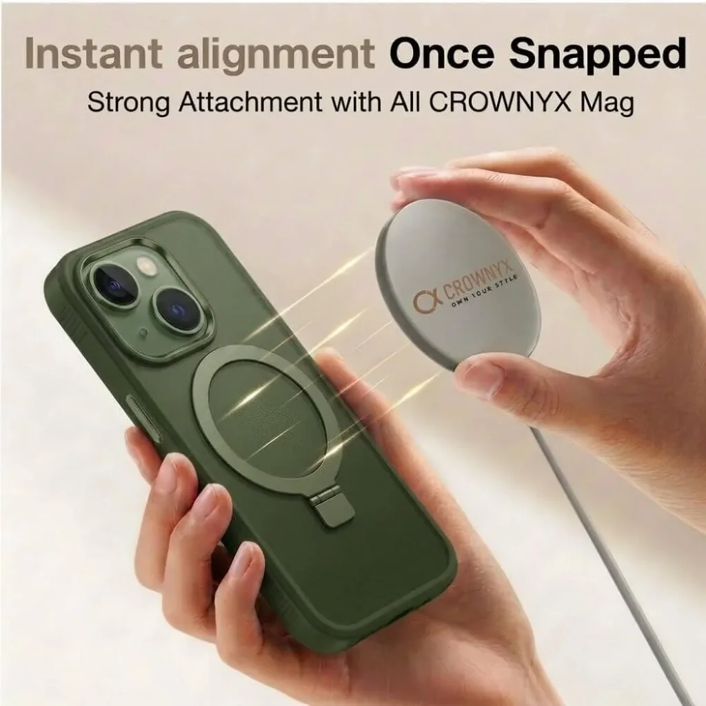 CROWNYX Aegis GripStand Pro Case for iPhone 15, Compatible with MagSafe, Shockproof, Slim Hybrid TPU Cover with Kickstand & Grip Ring, Green | IP15-MGSF-AGSP-GRN - Image 4