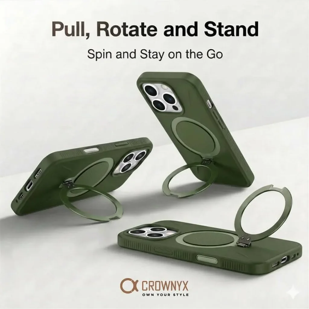 CROWNYX Aegis GripStand Pro Case for iPhone 16 Pro, Compatible with MagSafe, Shockproof, Slim Hybrid TPU Cover with Kickstand & Grip Ring, Green | IP16P-MGSF-AGSP-GRN - Image 2