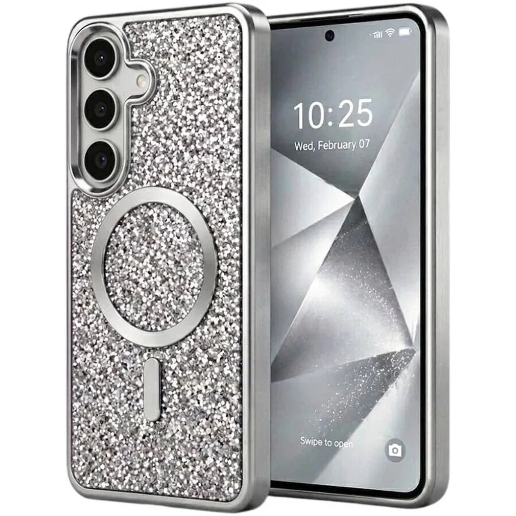 CROWNYX GlamAura Glitter Case for Samsung S25, Magsafe Compatible, Bling Sparkle Shockproof Phone, Bumper Cover, Silver | SAMS25-MGSF-GA-SIL